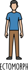 Ectomorph male body type illustration featuring a slender man in casual clothing standing in a neutral pose with text label, vector icon.