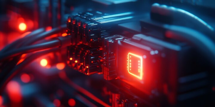 Futuristic server rack computing power, processing data in a high tech environment - Powered by Adobe