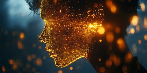 Digital human face emerging from glowing particles in profile view
