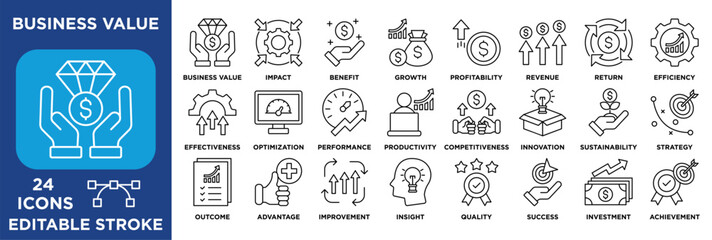 Business value icon set highlighting growth, profitability, revenue, efficiency, performance, innovation, investment, competitiveness, and strategic success metrics. lineal vector