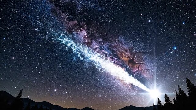 Stunning nightscape depicting a bright celestial phenomenon set against a starlit cosmic backdrop