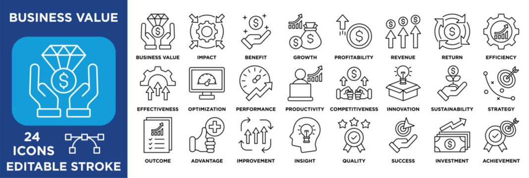 Business value icon set highlighting growth, profitability, revenue, efficiency, performance, innovation, investment, competitiveness, and strategic success metrics. lineal vector