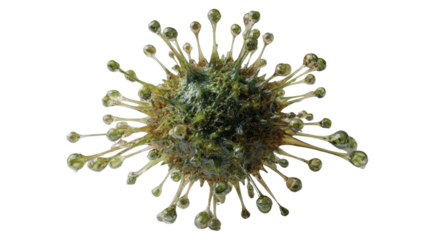 Green virus or bacteria cell, pathogen infecting organism, causing illness and pandemic spread. 3d render, transparent png background
