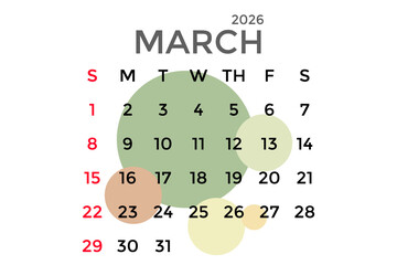 March 2026 calendar with pastel circles on a white background