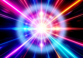 カラフルな光が放射状に広がるエネルギー爆発の抽象背景