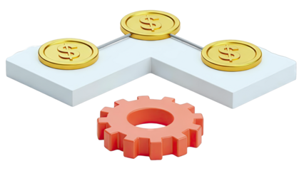 Dollar Coins Connected on White Platform with Orange Gear