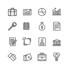 Business icon collection. Vector illustration. Containing suitcase, pie chart, id card, money bag, chess, dashboard, filter, clipboard,  notes, briefcase, creativity, money, donation.