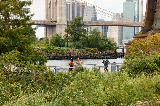 People running in the park by the river