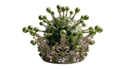 Corona virus global pandemic concept with jeweled gold crown symbolizing royalty, power, and disease spreading
