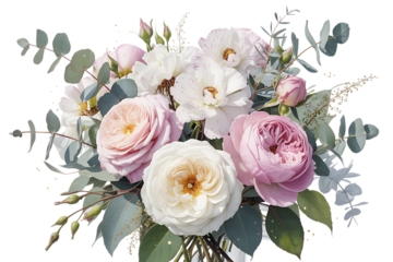 Bouquet of pink and white roses with green leaves isolated on a transparent background flowers 1