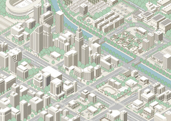 街並みの立体図. 都市の景観. アイソメ図で描いた都市.