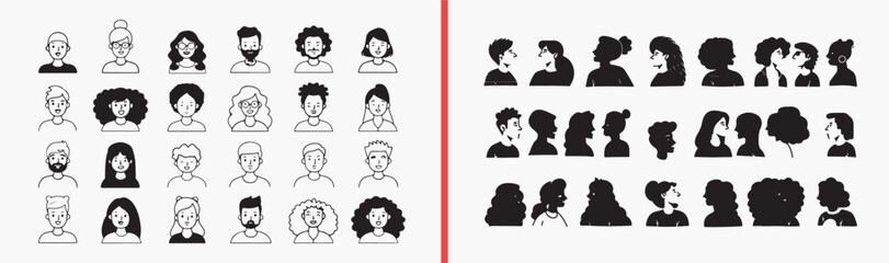 people avatar icons, human head illustrations, cartoon face vector, profile avatar set, diverse people icons, simple portrait drawings, character head pack, user profile graphics, community face icons