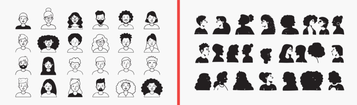 people avatar icons, human head illustrations, cartoon face vector, profile avatar set, diverse people icons, simple portrait drawings, character head pack, user profile graphics, community face icons
