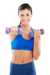 Portrait, happy woman and workout in studio with dumbbells, strength training and aerobics exercise. Smile, female person and lifting weights with fitness, wellness or confidence on white background.
