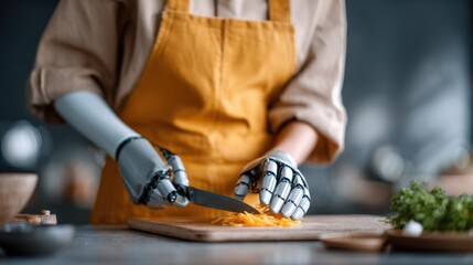 Robotic hand skillfully slicing vegetables on a wooden cutting board in a modern kitchen, showcasing culinary innovation and technology integration