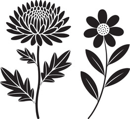 Black and White Flower Silhouettes on Transparent Background