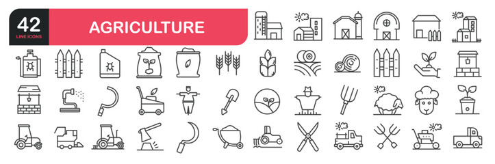 Set of line icons related to  Farm, Field, Nature, Farmer, Agricultural, Harvest, Plant, Growth. Outline icons collection. Editable stroke. Vector illustration © Bradericon