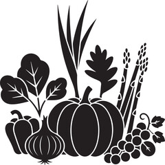 Black and white vegetable illustration set with pumpkin