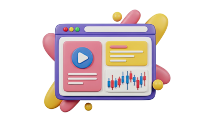3D Web Browser Interface with Play Button and Stock Chart