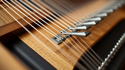 clavichord. Close-up of a clavichord's intricate string and plectrum mechanism, showcasing precise symmetry. event programs, museum guides, designed for cultural heritage projects and event programs.