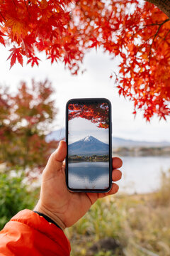 Hand holding smartphone capturing Mount Fuji autumn reflection