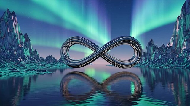 A metallic infinity symbol floating above water, reflected, set against a backdrop of mountains and aurora