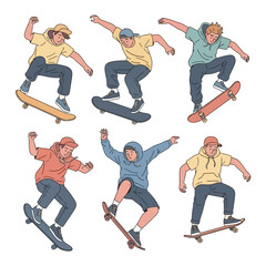 flat vector illustration of several skateboarders performing various tricks