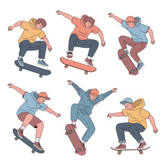 flat vector illustration of several skateboarders performing various tricks