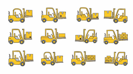 Yellow Forklifts Handling Cargo Set.
