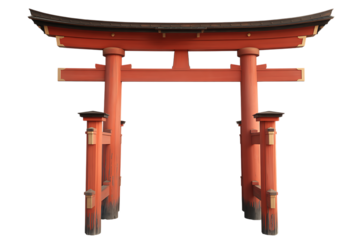 Traditional Japanese torii gate with red pillars and black roof isolated on a transparent background