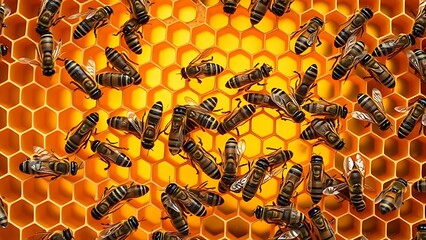thermoregulation. A systematic honeybee colony working within a natural, geometric honeycomb structure. wildlife magazines, conservation campaigns, designed for nature documentaries and education.