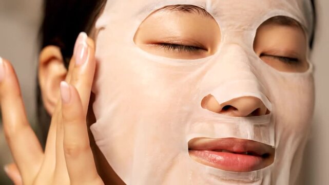 Close-up of a person applying a hydrating facial sheet mask for skincare