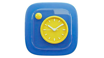 3D Rendered Icon: Blue Square with Yellow Clock and Circle Accent