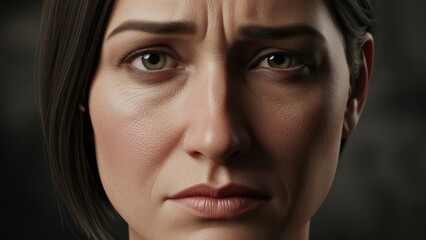 A detailed portrait of a woman displaying a troubled and contemplative expression, revealing human