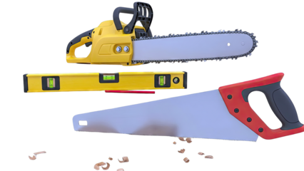 Chainsaw, Level, Hand Saw, and Pencil with Wood Shavings