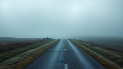 Fototapeta premium divergence. A conceptual image of a single path dividing into two roads in a misty landscape, symbolizing life choices and uncertainty. wellbeing guides.