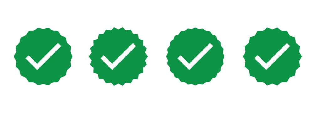 Green color check mark star burst with white tick symbol for Verification, approval, achievement and other design elements.