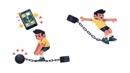 Boy struggling with smartphone addiction and digital chains