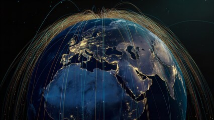 Glowing data lines connecting planet earth from space, global communication network concept.1