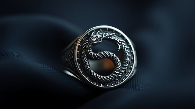 ouroboros. Ancient silver ring with a dragon ouroboros engraved on dark silk. event programs, museum guides, designed for cultural heritage projects and event programs, preserves heritage.