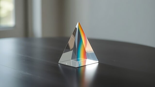 rockwell. Clear glass prism refracting rainbow light spectrum on dark surface. STEM education sheets, lab safety posters, designed for biotech research communications, used by data analysts.