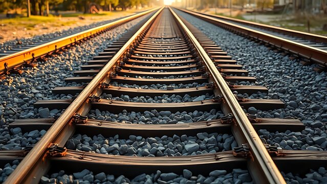 trackbed. Railway trackbed of wooden sleepers and ballast extending into distance. mobility guides, transit brochures, designed for transport & logistics marketing.