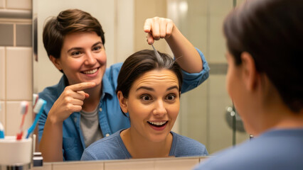 Surprised woman finds first gray hair in bathroom mirror with friend