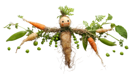 Creative vegetable figure on transparent background with carrots, parsnips, and peas creating a fun food art character
