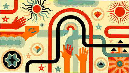 Vibrant abstract illustration of hands reaching for connection under colorful sky