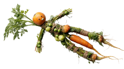 Creative vegetable man doll crafted from carrots, green peas and fresh greens on a transparent background