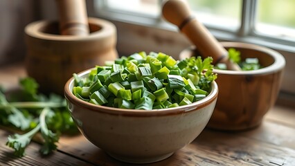 lovage. Chopped fresh lovage in ceramic bowl beside wooden mortar, culinary still life with natural lighting. menu design.
