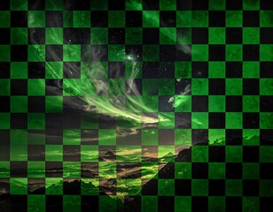 Surreal landscape with green nebula, mountains, and a checkerboard overlay