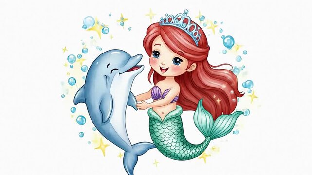Playful mermaid and friendly dolphin swimming underwater in a colorful cartoon illustration.