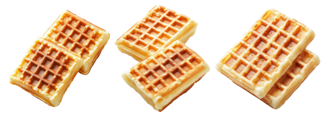 Close-up of two crispy golden waffles stacked together isolated on white background, concept of breakfast and sweet food
